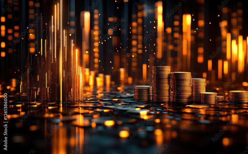 Poster golden coins stacked on a reflective surface with glowing bars and particles in a digitalized backgr