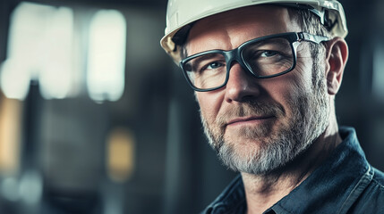Obraz premium Confident male construction engineer wearing a white safety helmet and glasses, standing in an industrial environment with a focused expression