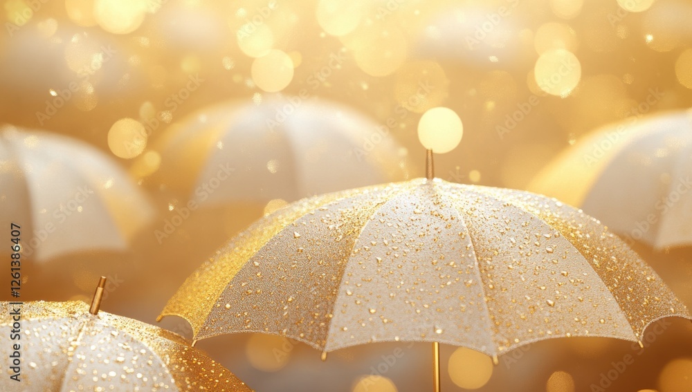 Poster golden umbrellas with raindrops against a soft bokeh background creating a dreamy and serene atmosph
