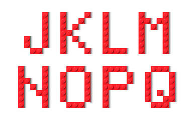 Letters of the alphabet composed of red plastic brick toy blocks. Building bricks font. Vector background illustration
