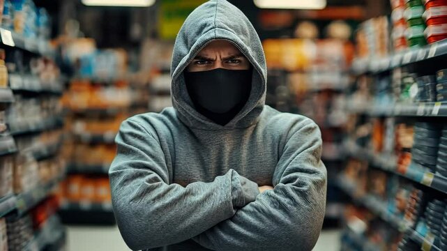 A hooded suspect lurks ominously in a retail aisle, capturing the  reality of theft in a nighttime setting.