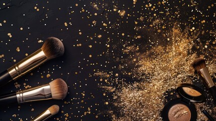 Professional makeup brushes and golden glitter powder scattered on black background with copy space