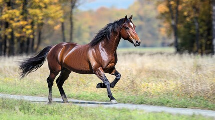 Obraz premium Majestic Brown Horse Running in Autumn Landscape: Breathtaking Photography of an Equine in Nature