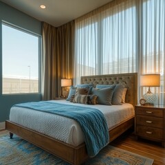 Serene bedroom, teal accents, natural light.