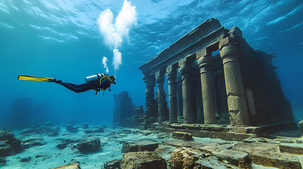 Ancient egyptian temple underwater in sea, diver swims past old historic ruins in water, panoramic view. theme of egypt, adventure, antique, archeology. Ancient Sunken Civilizations. Illustration