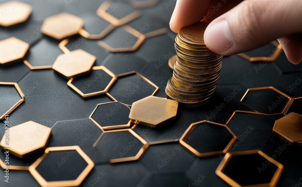 Poster hand stacking coins on hexagonal black surface with geometric patterns and shapes highlighting busin