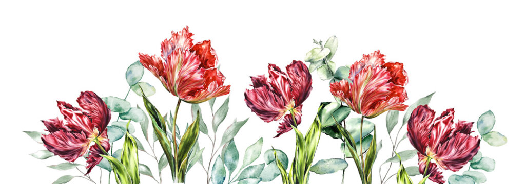 Watercolor leaves background banner and vibrant res and purple parrot tulip peony flowers animation grow moving minimal decoration botanical ecological cosmetic wedding invitation spring summer plants