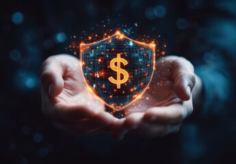 Hands Holding Shield with Dollar Symbol Representing Financial Security and Protection in Digital Concept Against Dark Background
