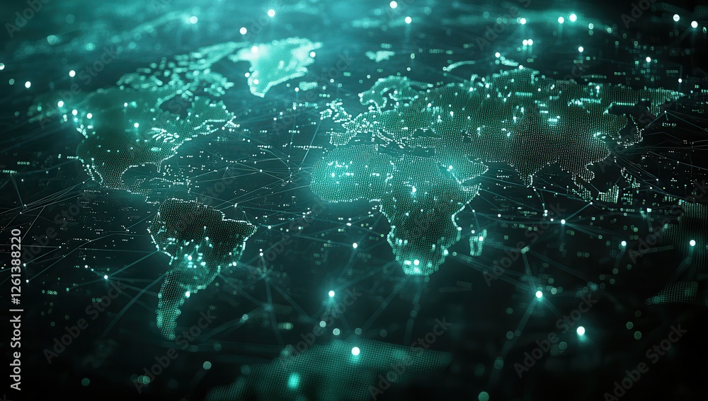 Poster high-tech digital world map with neon glow and data connections reflecting global connectivity and t