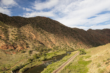 View of the Arkansas River and railroad tracks from the Tunnel Drive Trail in Canon City, Colorado