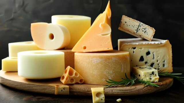 A variety of cheeses sits on a wooden table against a dark background, Ai Generated