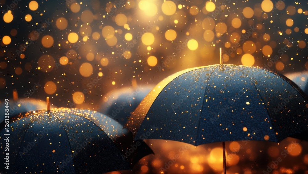 Poster magical night scene of umbrellas under falling golden rain with bokeh effect illuminating the backgr