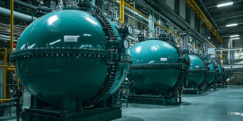 A close-up of biogas plant's large anaerobic digesters, showcasing intricate valves, pipes, and pressure gauges in crisp detail.