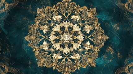 Intricate Gold Mandala Design on Teal Background