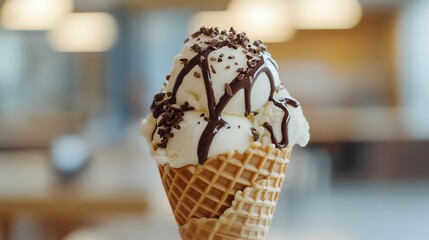 Delicious creamy vanilla ice cream drizzled with rich chocolate syrup, creating a decadent and indulgent dessert perfect for lovers of sweets and food photography