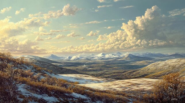 Painted vista showcases snowy mountain range under clouded sky