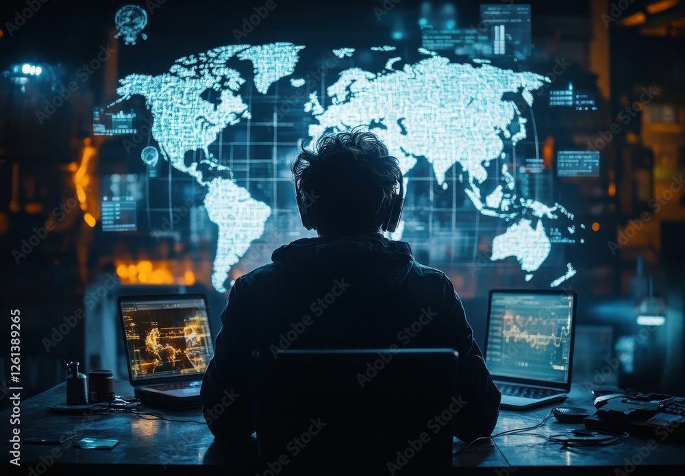 Aufkleber person with headphones working on multiple laptops with digital world map projection in a dark room,