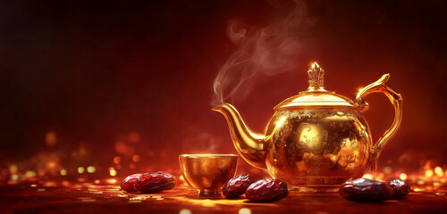A golden teapot and cup with steam rising, surrounded by dates and a subtle glow, on a crimson background.