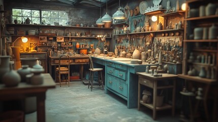 Rustic pottery workshop, clay vessels, tools, warm lighting.