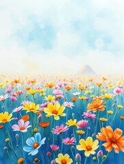 Delicate watercolor flowers bloom in a vibrant field, blending soft hues with gentle transitions that create a serene and airy atmosphere, perfect for various designs