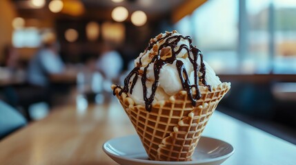 Delicious creamy vanilla ice cream drizzled with rich chocolate syrup, creating a decadent and indulgent dessert perfect for lovers of sweets and food photography