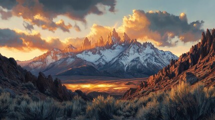 Obraz premium Majestic sunset illuminates snow-capped peaks and golden valley.