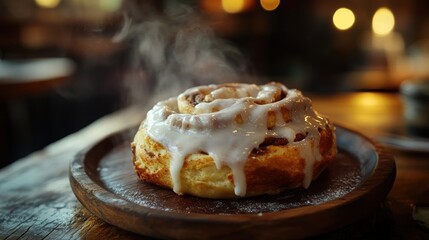 Steaming Cinnamon Roll with Cream Cheese Icing on a Wooden Plate