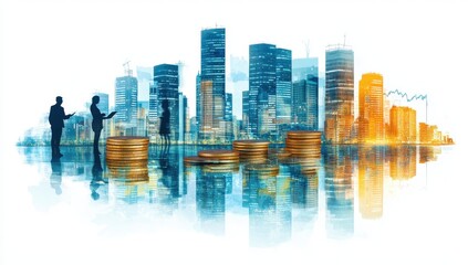 Silhouettes of Business People Evaluating Financial Growth with Coins in Front of Modern Skyscrapers at Dusk in a Business City Environment
