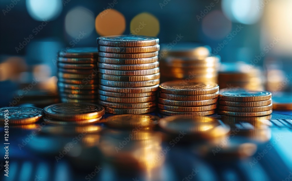 Poster stacked coins with a beautiful bokeh background highlighting financial growth and prosperity in an i