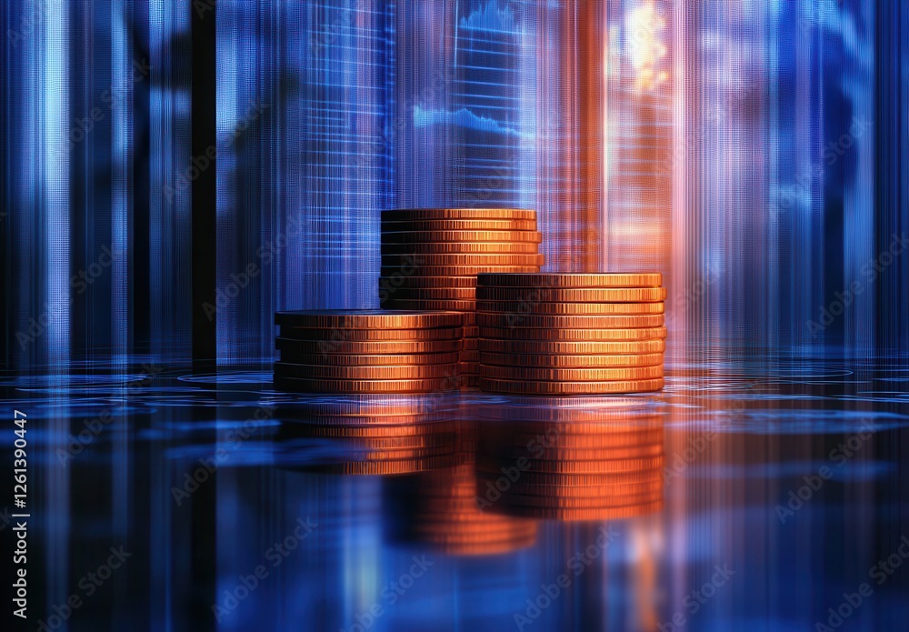 Poster stacks of gold coins on a reflective surface with digital data elements and abstract background for 