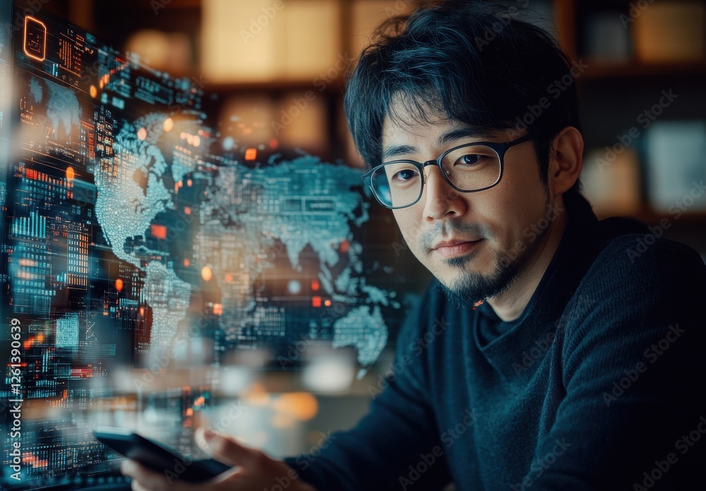 Poster thoughtful young man using smartphone in a modern workspace with digital maps and statistics display