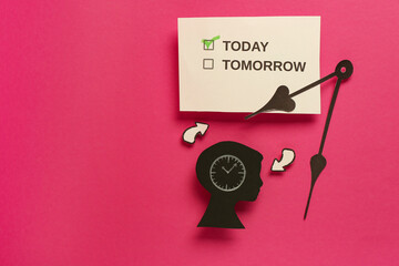 Paper with marked word TODAY and cutout human head with clock on pink background. Top view