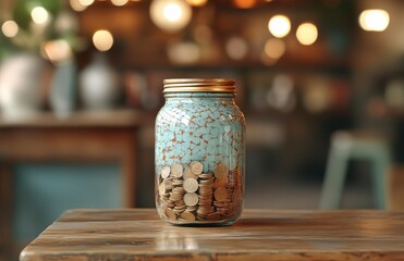 Vintage jar filled with coins on wooden table, blurred bokeh background of cozy cafe interior, highlighting savings and financial growth concepts
