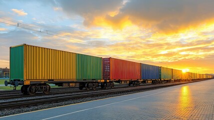 Obraz premium Vibrant Sunset over a Freight Train: Global Trade and Cargo Transportation