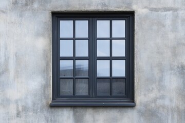 A black framed window is on a mottled grey wall