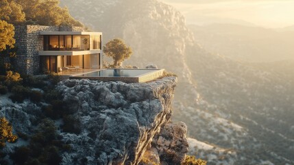 Stunning sunset view from a luxurious poolside overlooking valley and mountains during golden hour