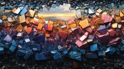 Fototapeta premium Shattered crystals reveal sunset landscape.