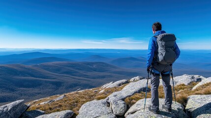 A male climber in a blue jacket, gray hiking pants, and a backpack, standing on the rocky summit of Mount Kosciuszko in Australia. The Australian Alps stretch out below under a clear blue sky.