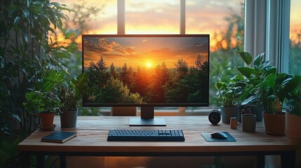 Sunset forest scene displayed on home office computer