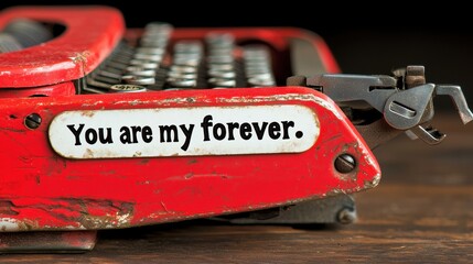 A red typewriter with a white sticker that says "You are my forever."