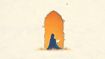 Obraz premium Woman reading a book in front of a glowing arched doorway.