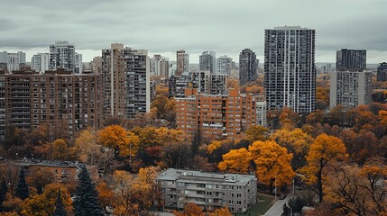 Obraz premium Autumn city skyline, trees ablaze, overcast sky, urban landscape, ideal for real estate
