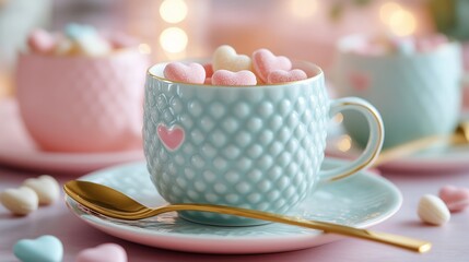 pastel colored cup filled with heart shaped candies