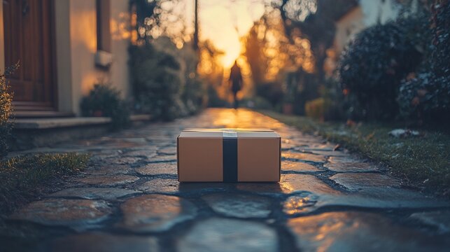 Delivery box placed on a doorstep with a courier walking away