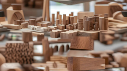 On the sales table are the parts of this Luban wood Closeup rendering Outdoor Creative Bazaar Outdoor cultural and creative sales area