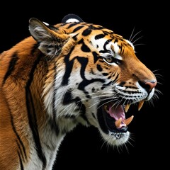 Fototapeta premium Tiger (Bengal tiger:1.1), roaring, mouth wide open, showing sharp teeth, focused on the animal's face, profile view, looking slightly to the right of the frame, centered in the image,&nbsp; photorealistic,