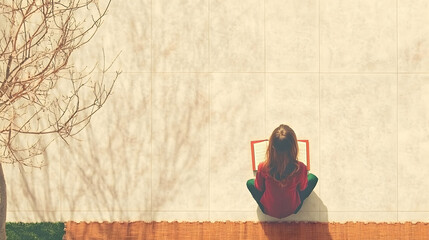 Woman sits outdoors reading a book on sunny patio.
