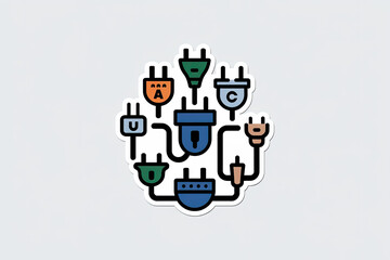 Colorful Plug Icons Sticker Design, Diverse Types, International Adapters, Flat Vector Illustration with Black Outline on White Background, Electricity Concept