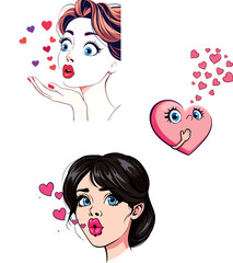 Vsai cartoon characters blowing heart kisses with love