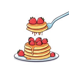 Vsai fork lifting pancakes with strawberries and syrup from stack on plate